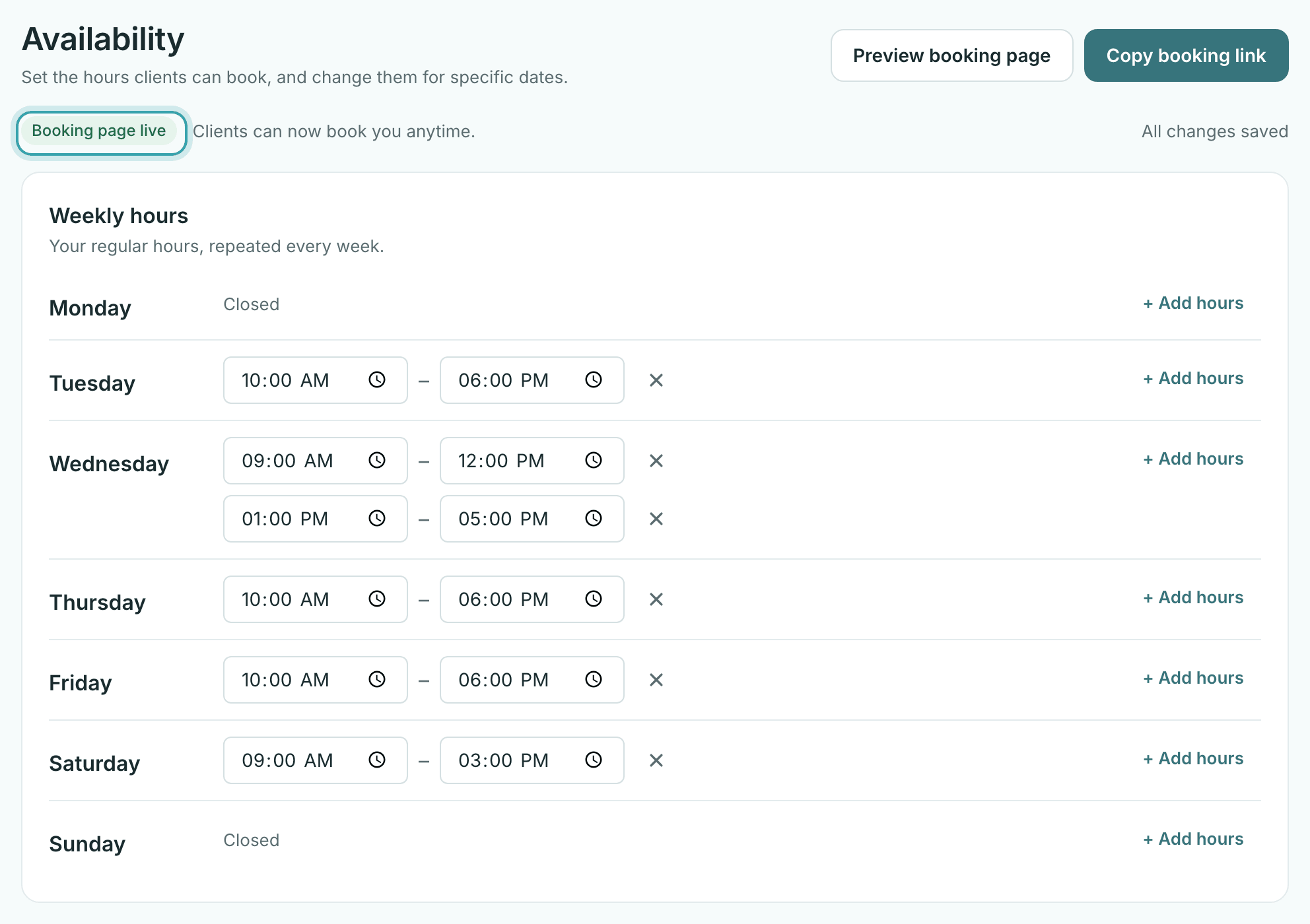 The Availability page in StylesSync with a Booking page live label and weekly hours: Tuesday to Saturday open, Wednesday split into two time ranges, and Monday and Sunday closed