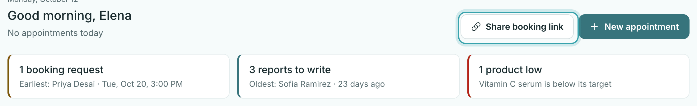 StylesSync Home with the Share booking link button next to New appointment, above the booking request, reports to write, and low stock cards