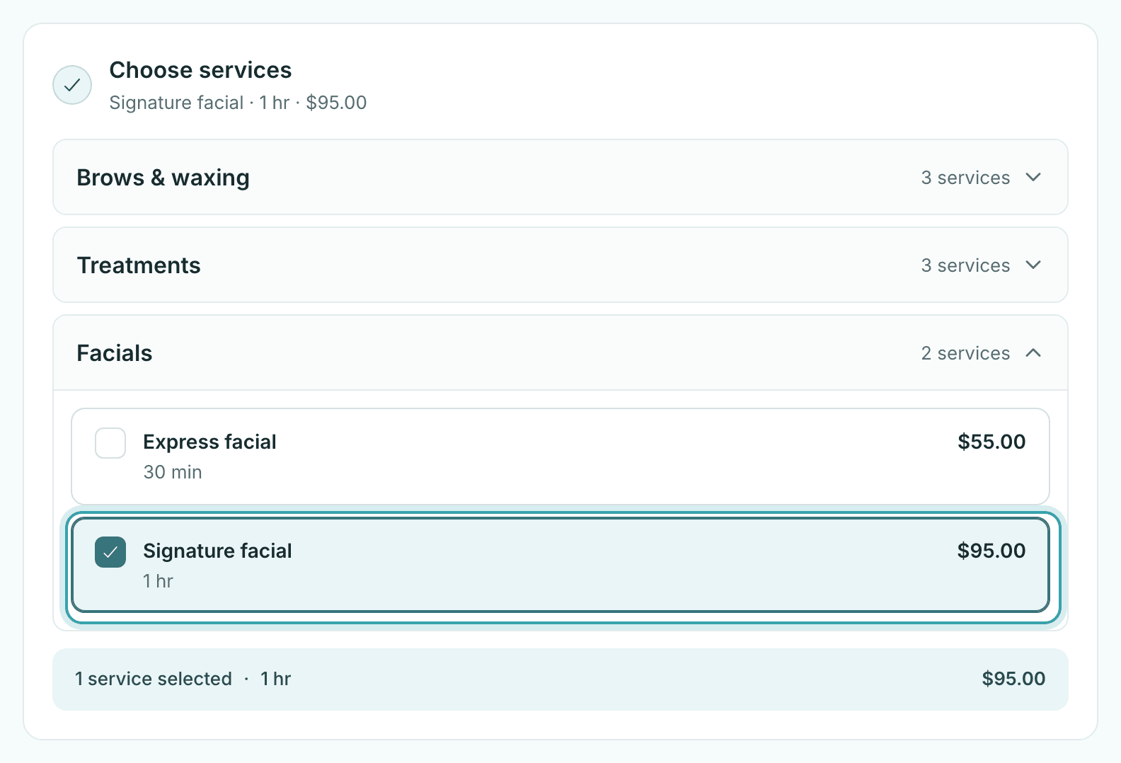 The booking page’s Choose services step with the Facials category open and Signature facial selected, showing each service’s price and length