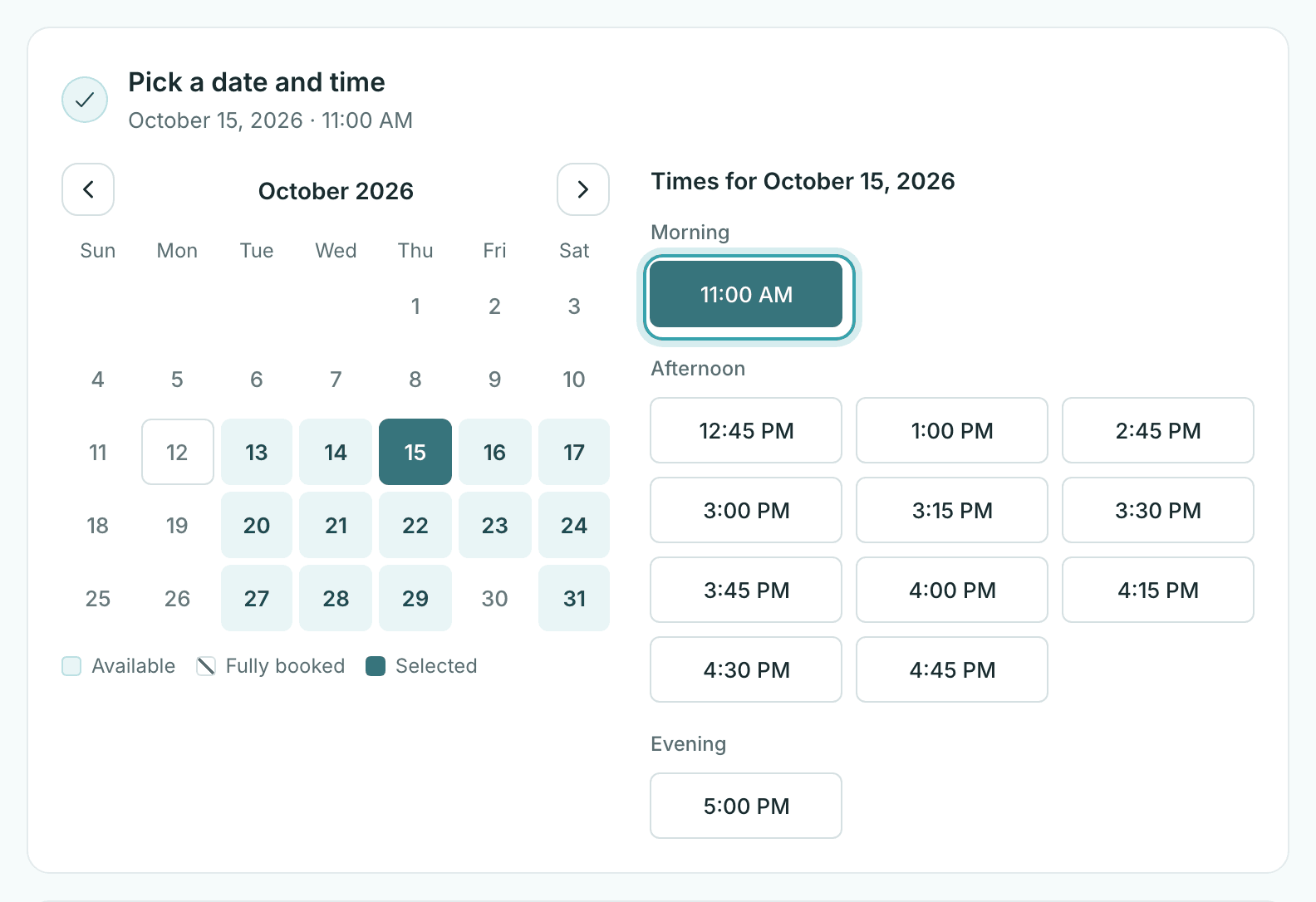 The public booking page in StylesSync with a date selected on the calendar and its open start times grouped into morning and afternoon