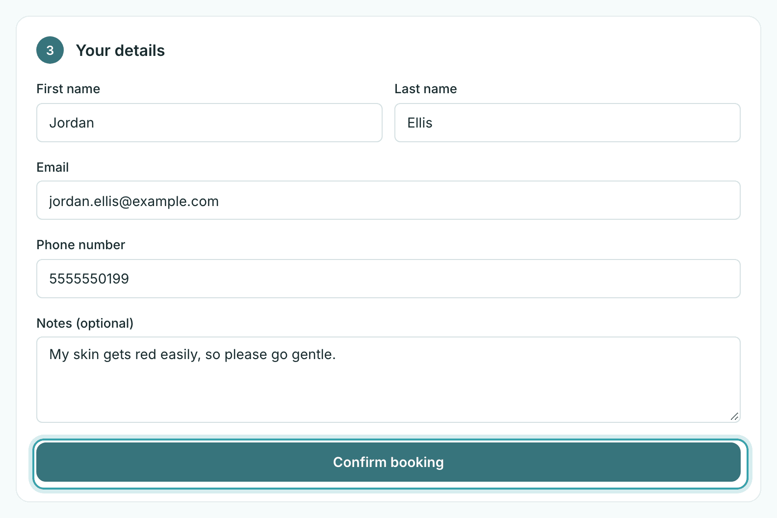 The booking page’s Your details form filled in with a first name, last name, email, phone number, and a note, above the Confirm booking button