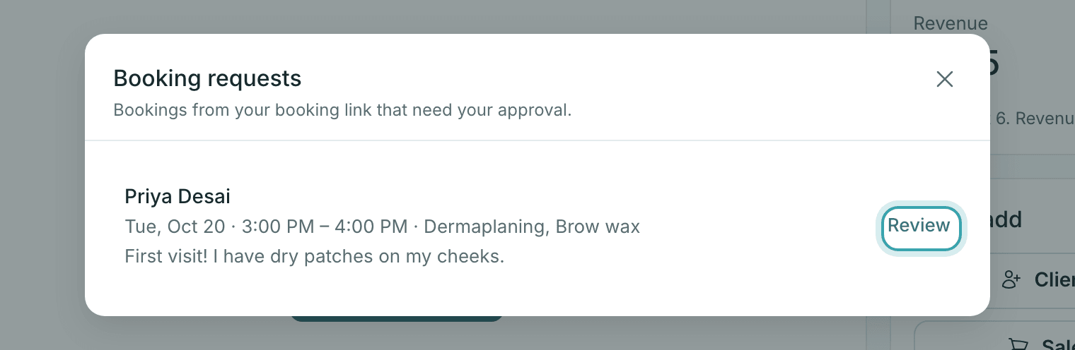 The Booking requests list on StylesSync Home with one request showing the client, requested time, services, their note, and a Review link