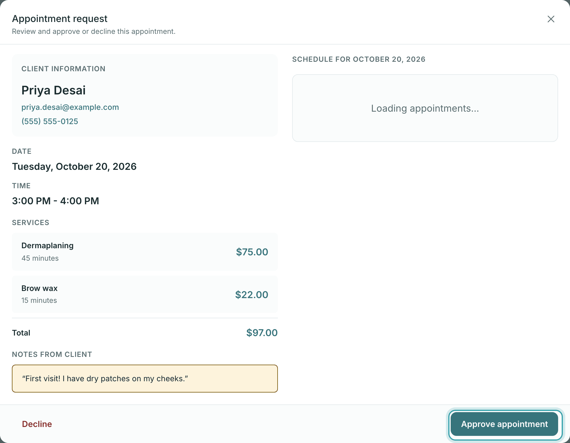 An appointment request in StylesSync showing the client’s contact details, the requested date and time, each service with its price, the client’s note, that day’s schedule, and Decline and Approve appointment buttons