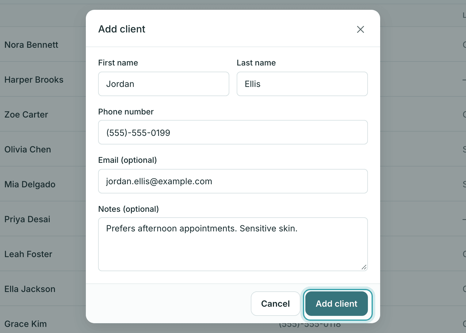 The Add client form in StylesSync filled in with a first and last name, phone number, email, and notes, with the Add client button