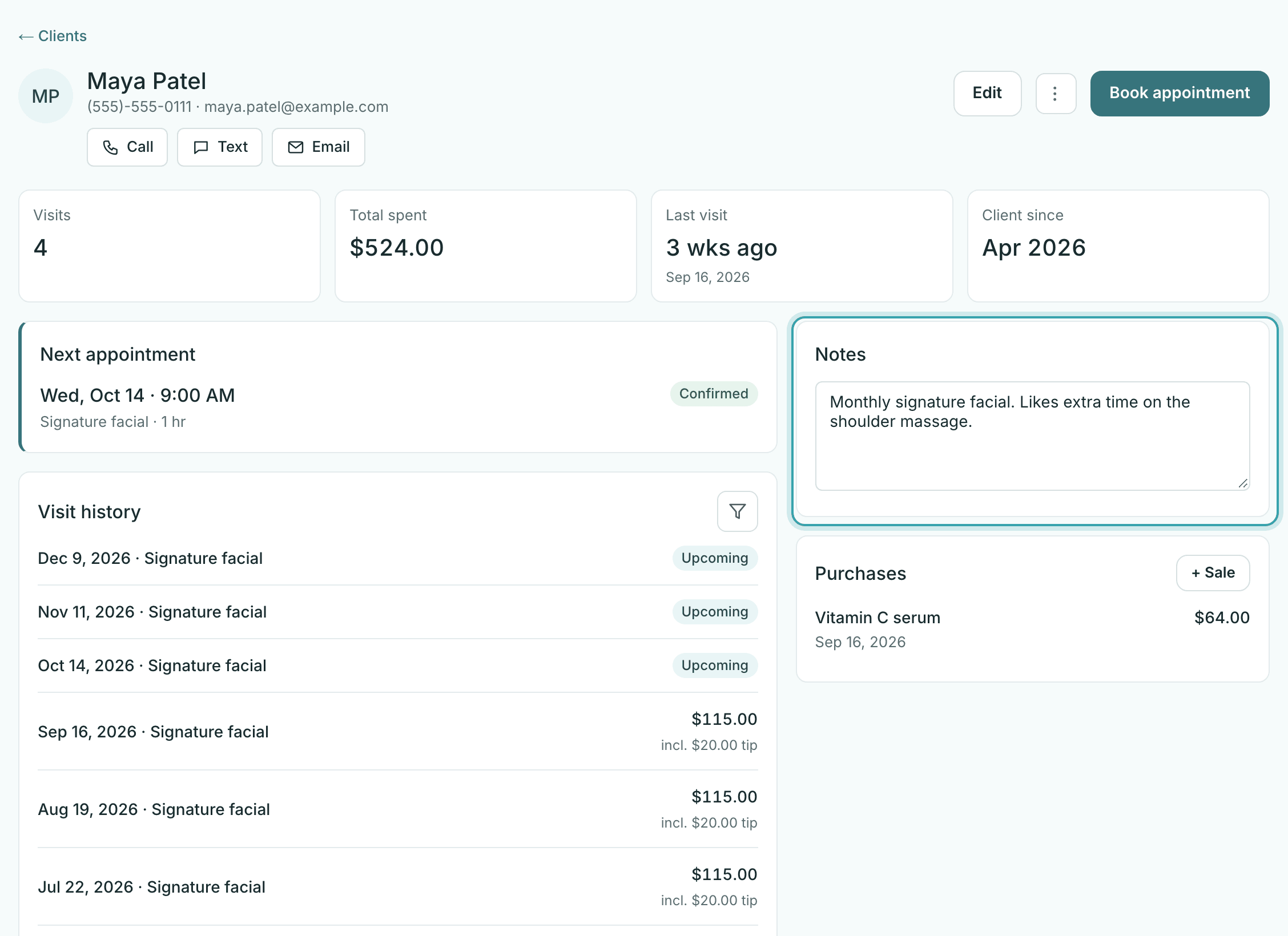 A client profile in StylesSync with phone and email, totals for visits, total spent, last visit, and client since, the next appointment, notes, and visit history