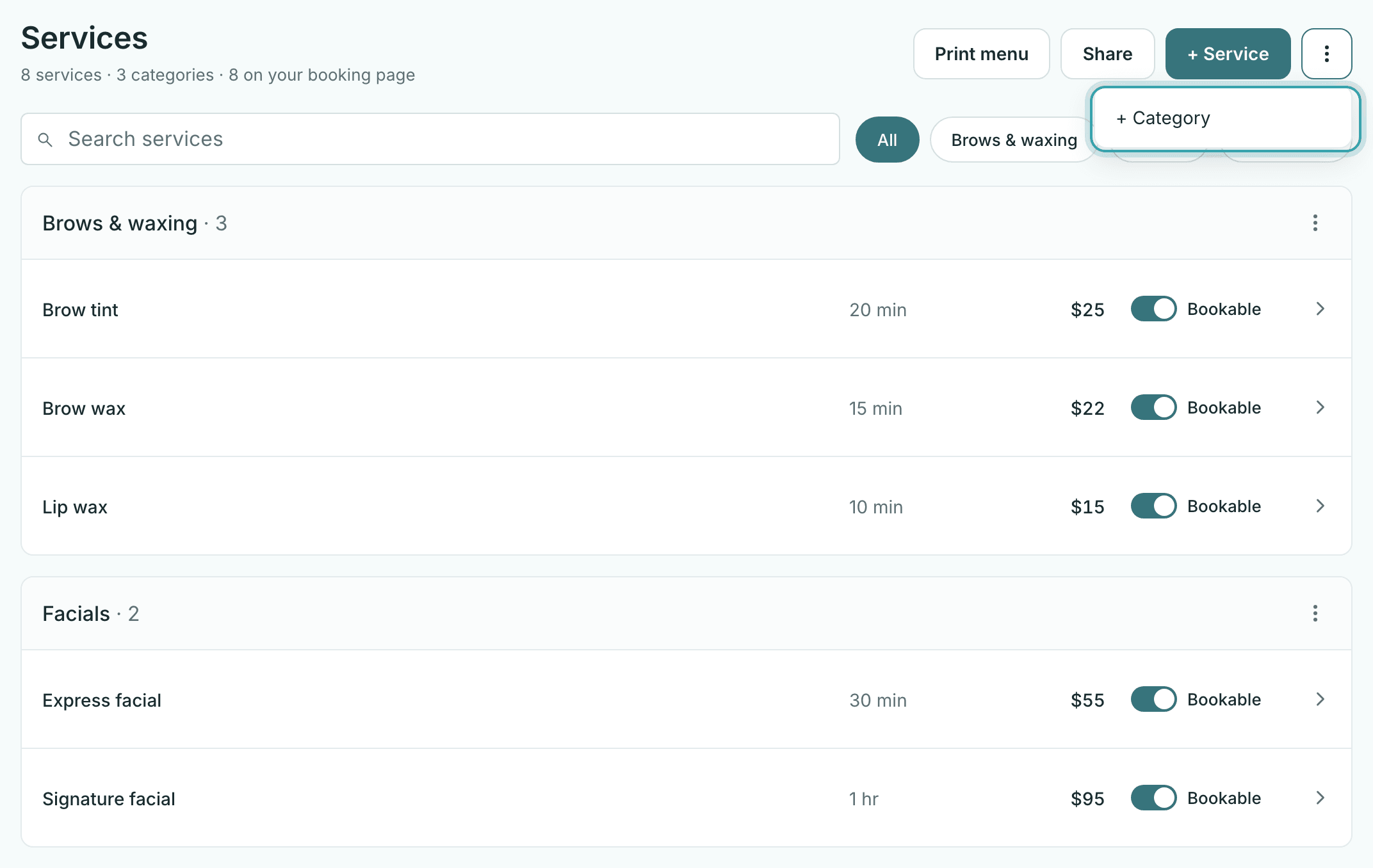 The Services page in StylesSync with services grouped into categories, and the menu next to + Service open to + Category