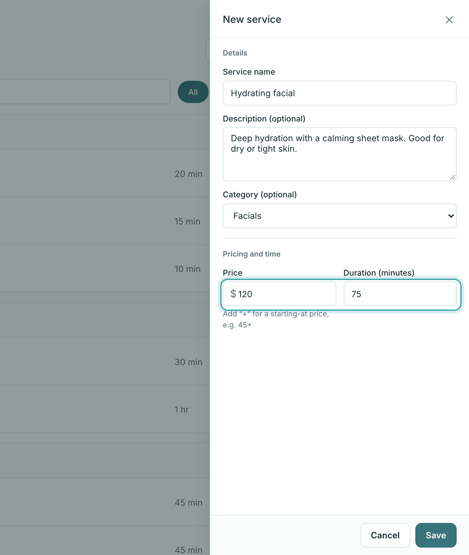 The New service panel in StylesSync filled in with a service name, description, category, price, and duration in minutes