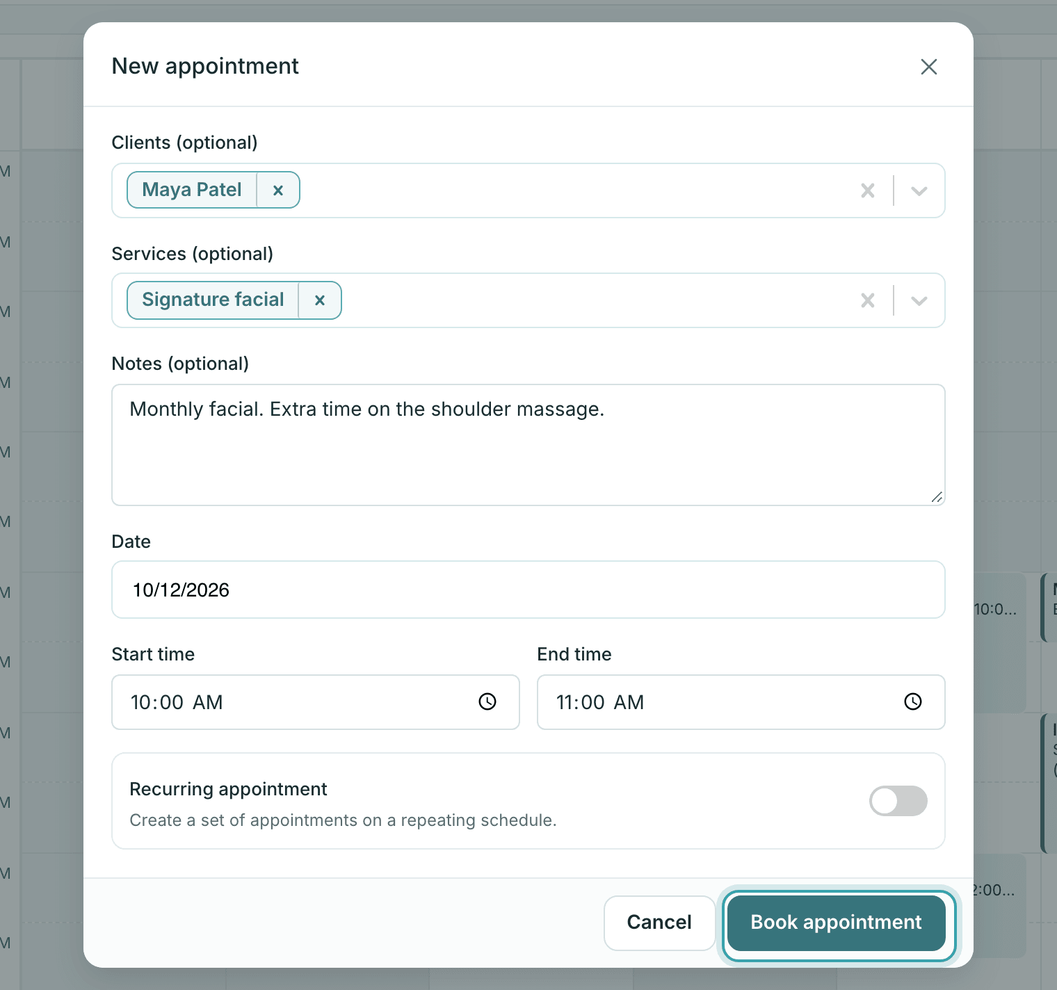 The New appointment form in StylesSync with a client and a service selected, notes, the date, start and end time, and the Recurring appointment switch