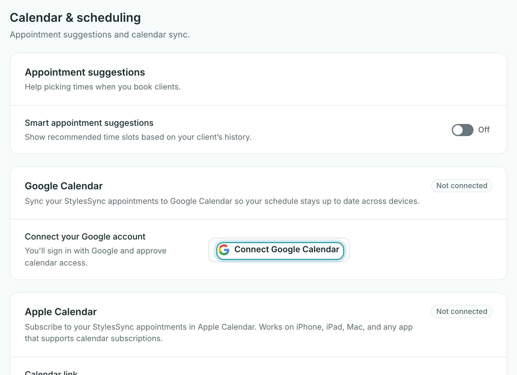 Settings, Calendar & scheduling in StylesSync, with the Google Calendar card marked Not connected and its Connect Google Calendar button, above the Apple Calendar card