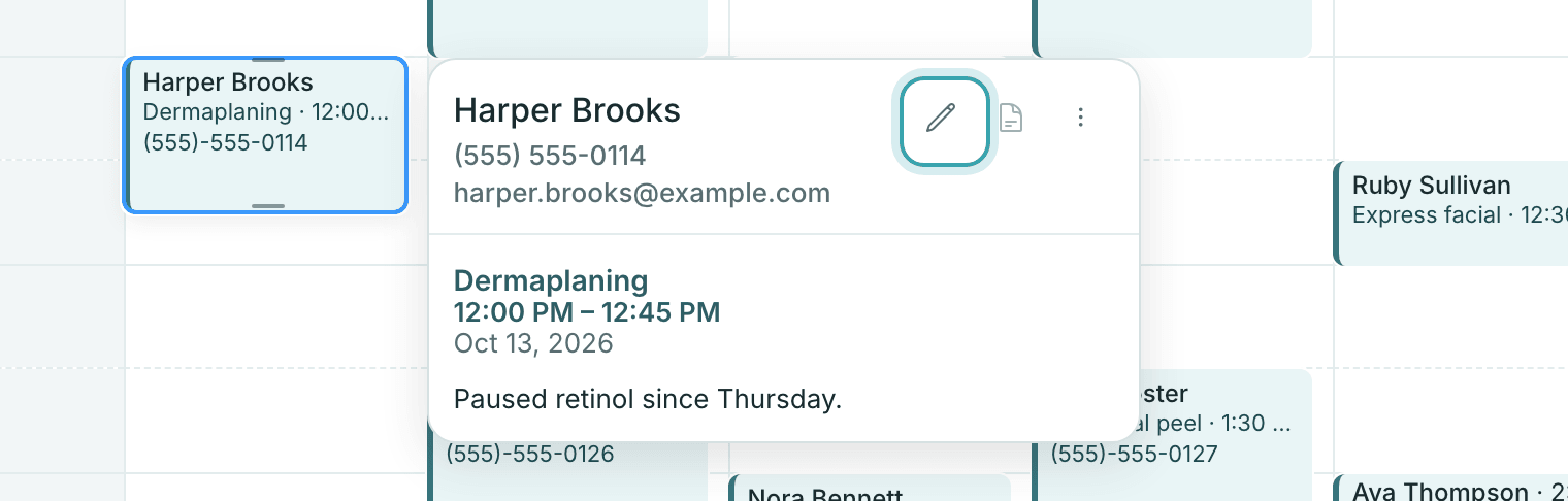 An appointment opened on the StylesSync week calendar, with its client, service, time, and note, and a button to edit it
