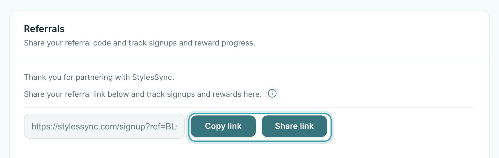 The Referrals card in Settings, Plan & billing with a personal referral link and Copy link and Share link buttons