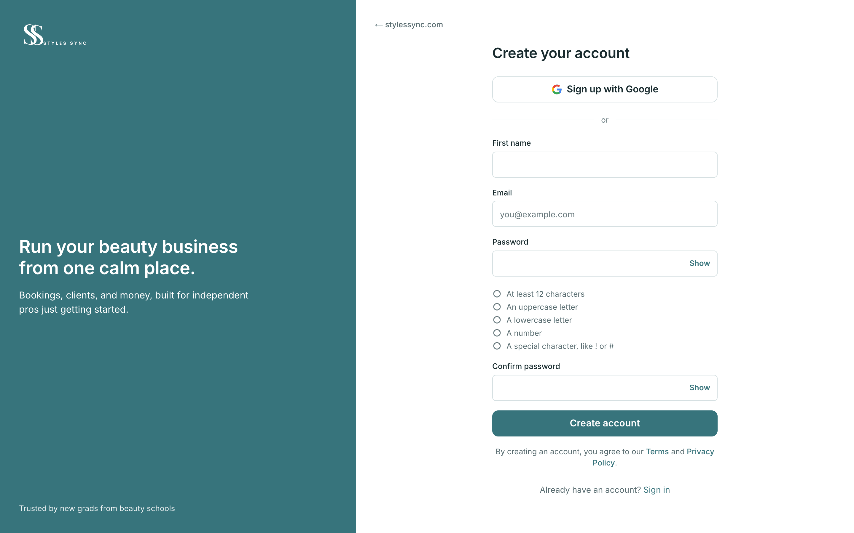 The StylesSync Create your account page a friend sees after opening a referral link