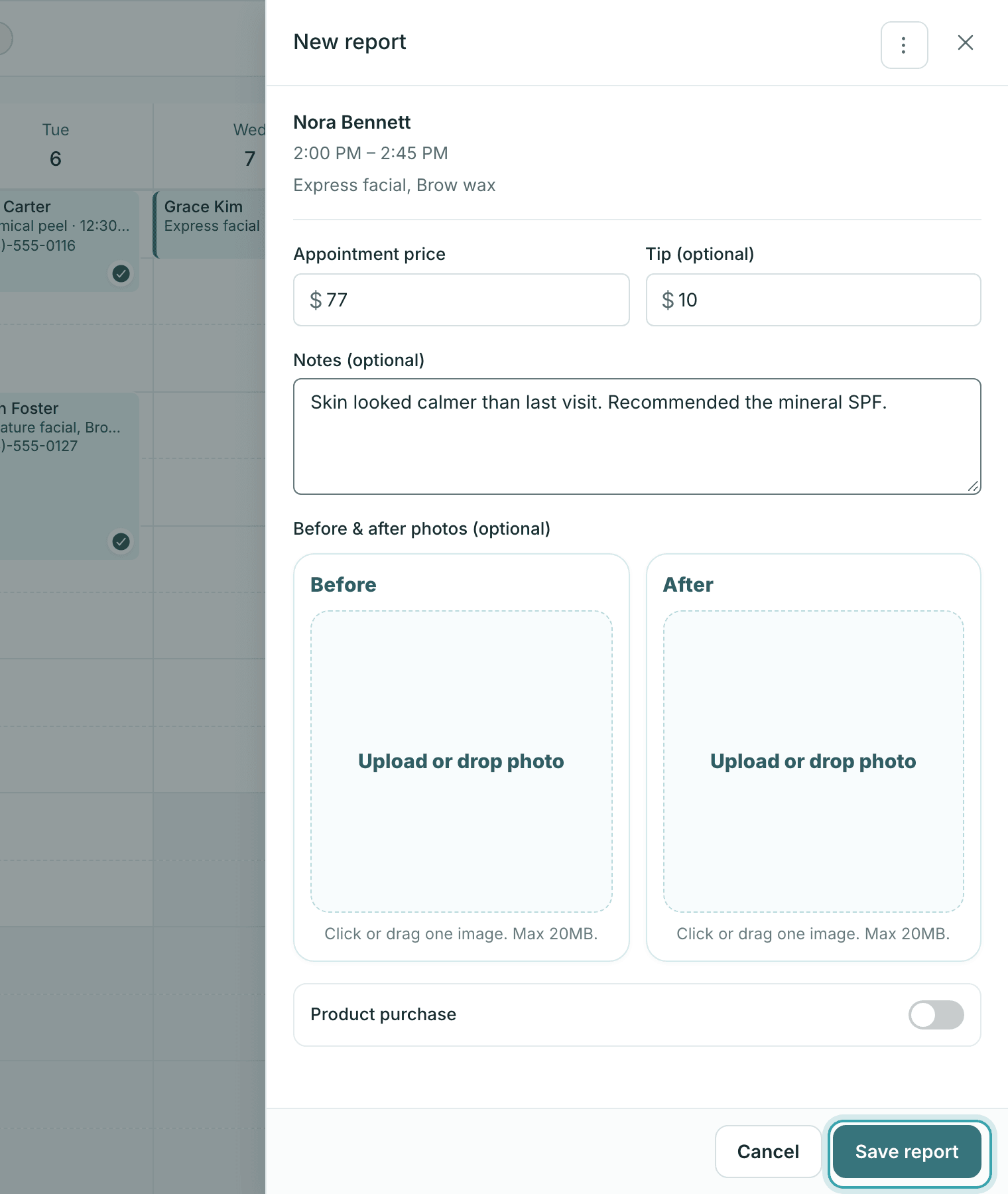The New report panel in StylesSync for a past appointment, with appointment price, tip, notes, before and after photos, a Product purchase switch, and Save report