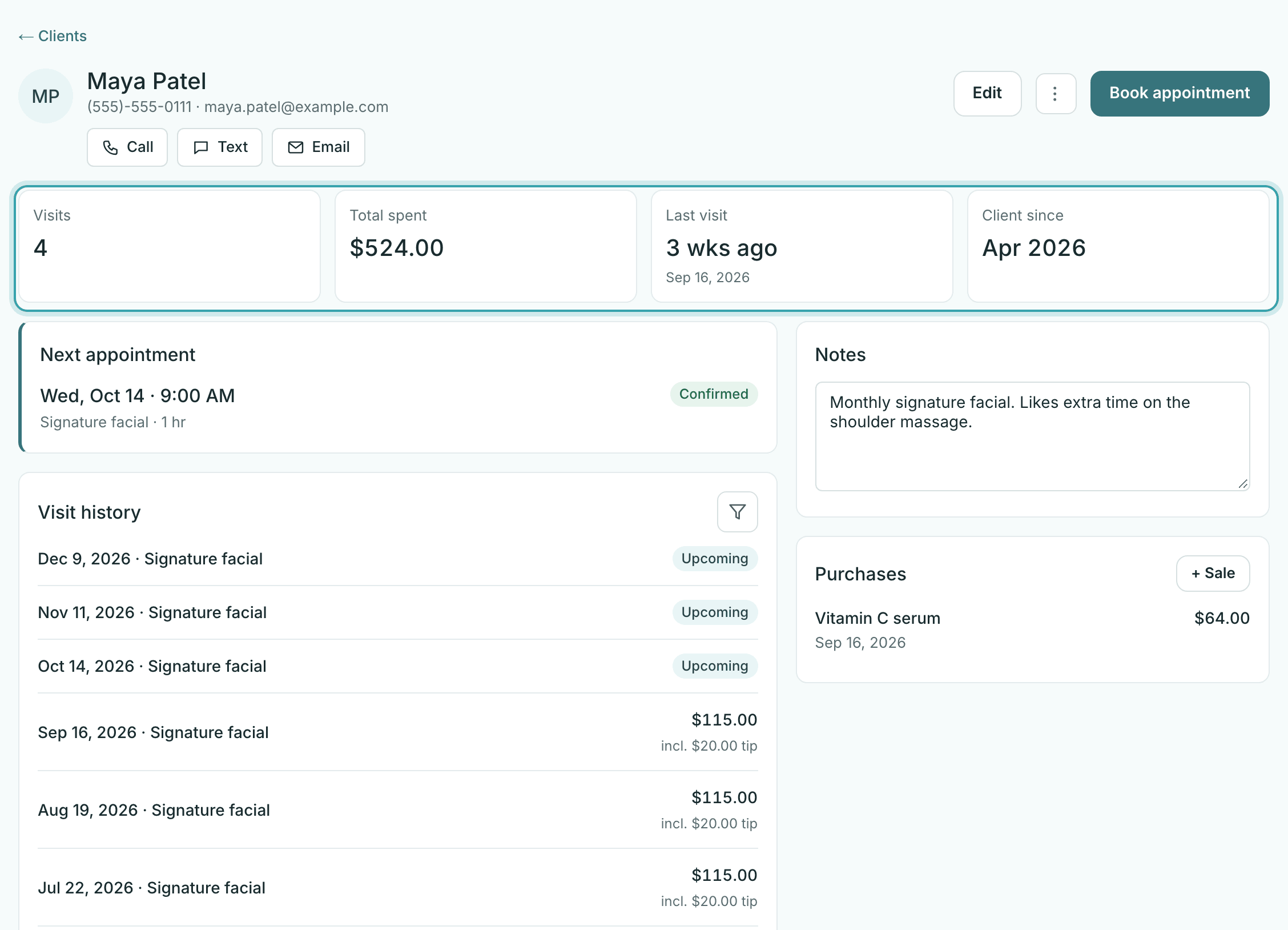A client profile in StylesSync with visits, total spent, last visit, and client since totals, above visit history showing each visit’s price and tip