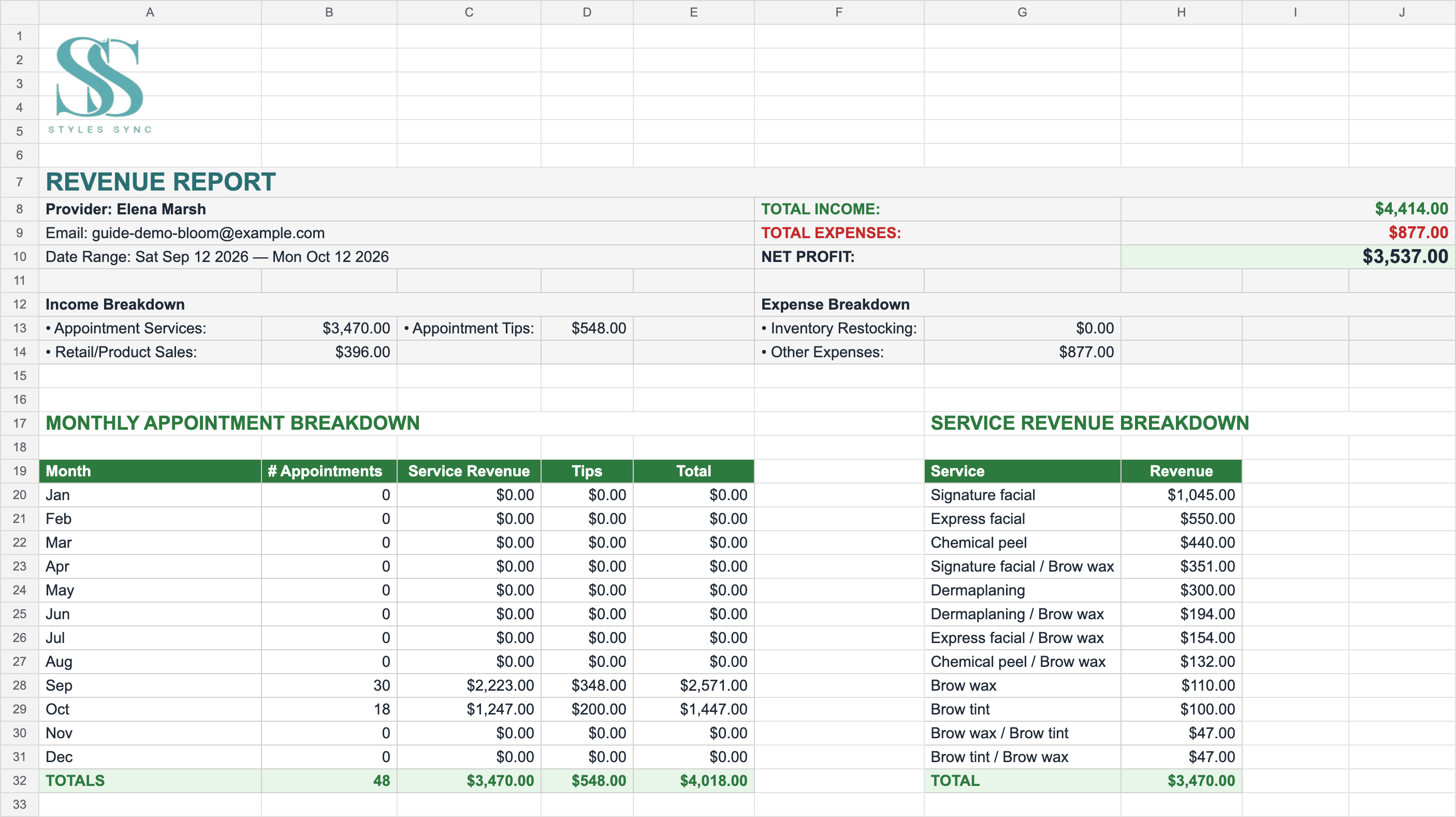 The exported revenue report in a spreadsheet: total income, total expenses, and net profit, an income and expense breakdown, appointments and tips by month, and revenue by service
