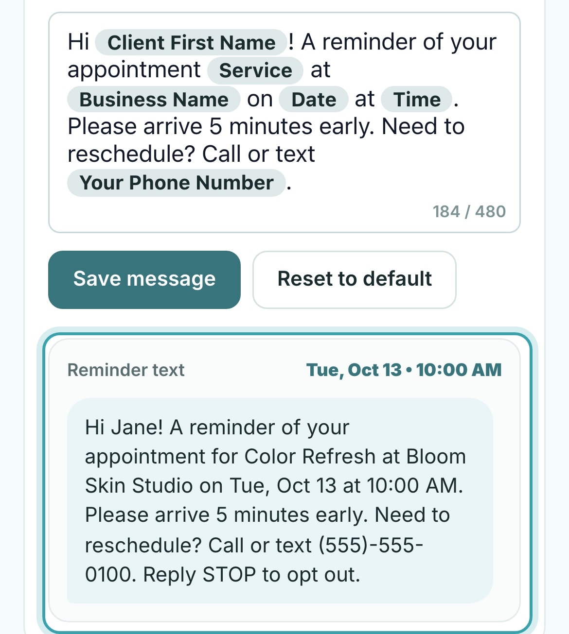 The reminder message editor on a phone, with the client’s first name, service, business name, date, time, and phone number inserted, and a preview of the text a client receives