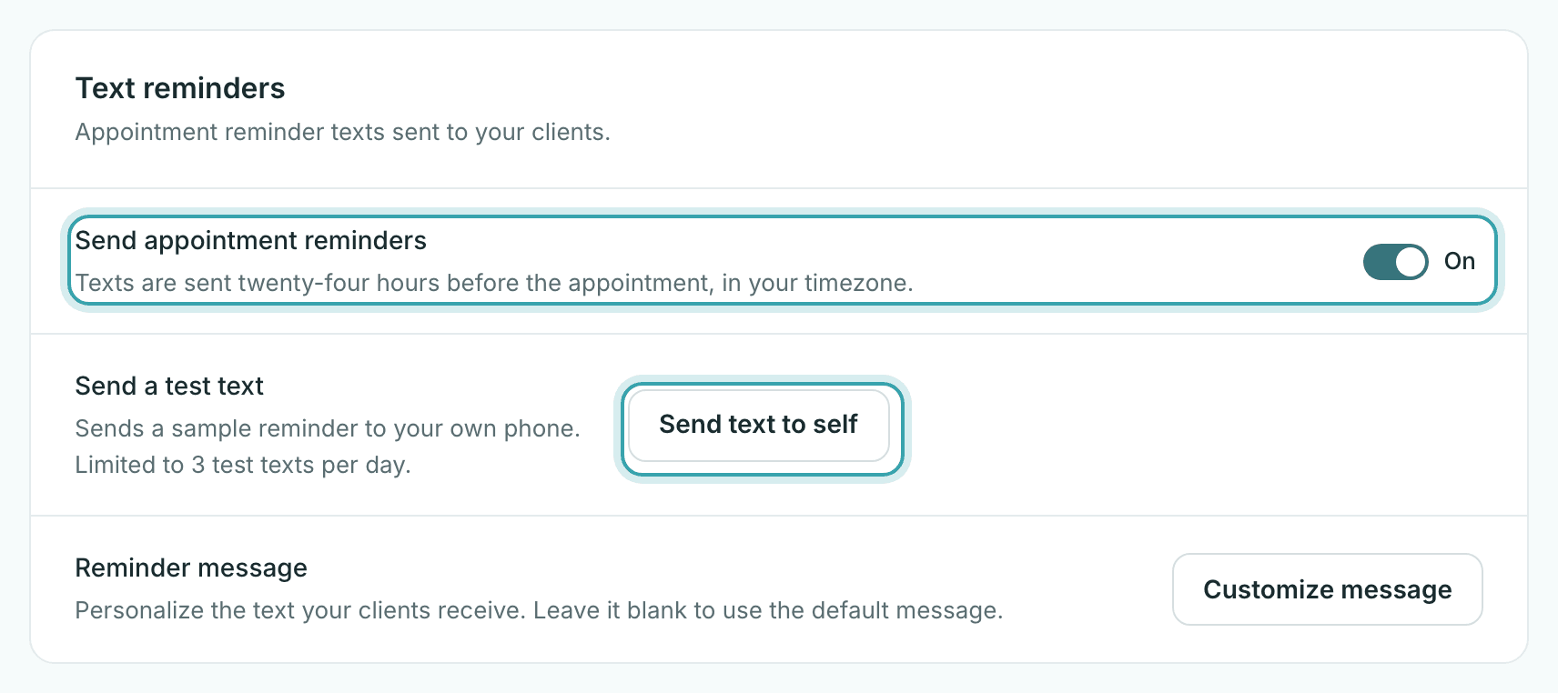 The Text reminders card in Settings, Notifications with Send appointment reminders turned on, a Send text to self button, and Customize message