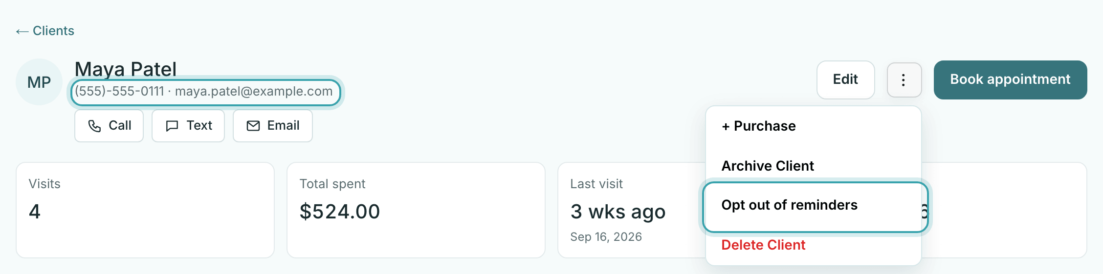 A client profile in StylesSync with the phone number under the client’s name and the menu open to Opt out of reminders