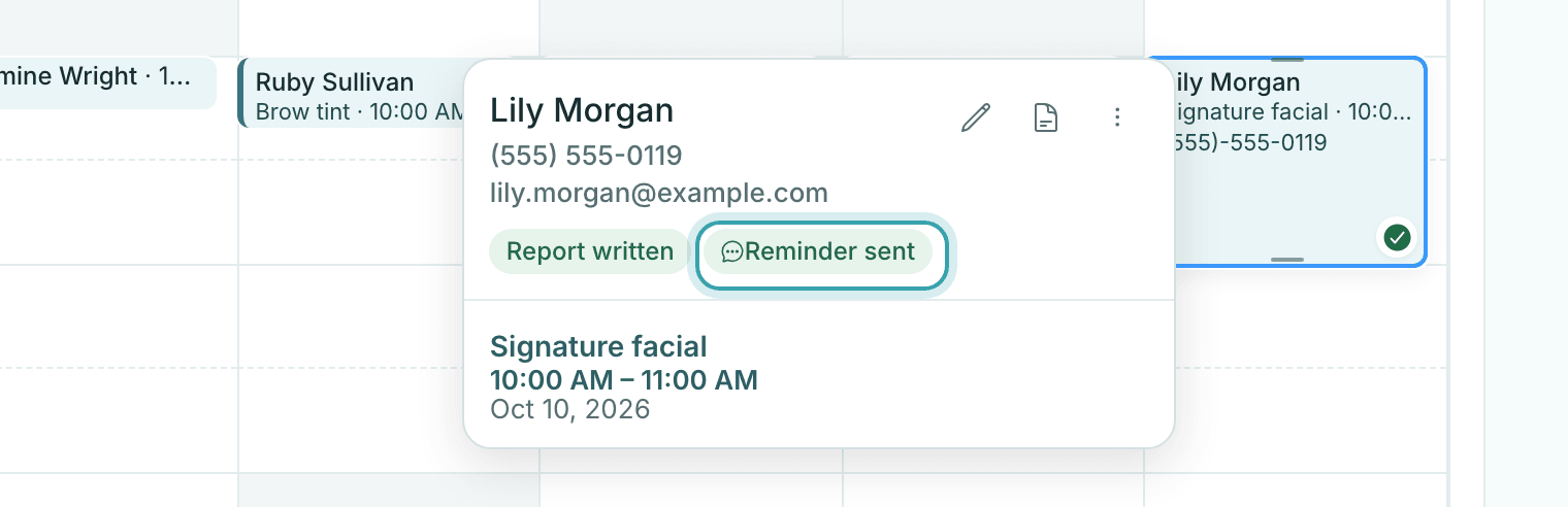 An appointment opened on the StylesSync calendar showing Report written and Reminder sent labels